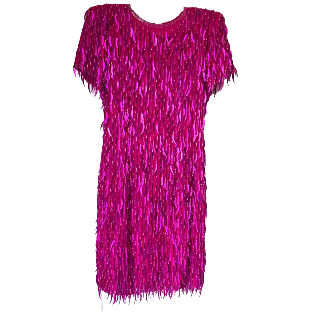 AJ Bari Silk Hot Pink Cattail Sequin Beaded Fringe Vintage Trophy Sheath Dress 6 - Picture 2 of 15